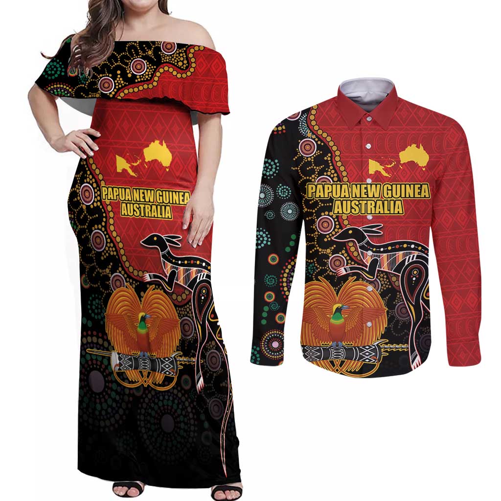 Personalised Papua New Guinea and Australia Together Couples Matching Off Shoulder Maxi Dress and Long Sleeve Button Shirt Bird-of-paradise and Kangaroo with Aboriginal Pattern LT03 Red - Polynesian Pride