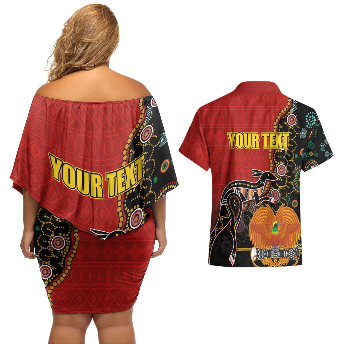 Personalised Papua New Guinea and Australia Together Couples Matching Off Shoulder Short Dress and Hawaiian Shirt Bird-of-paradise and Kangaroo with Aboriginal Pattern