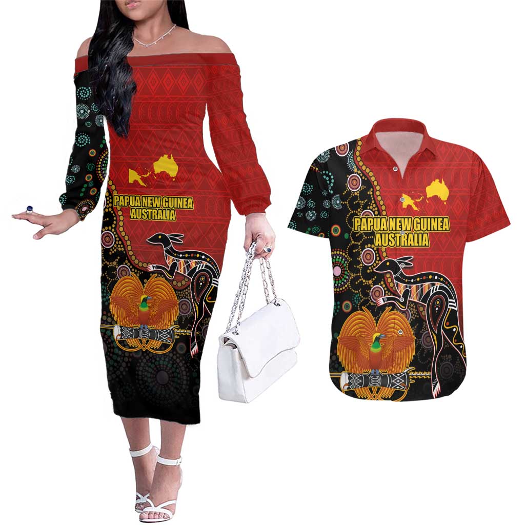 Personalised Papua New Guinea and Australia Together Couples Matching Off The Shoulder Long Sleeve Dress and Hawaiian Shirt Bird-of-paradise and Kangaroo with Aboriginal Pattern