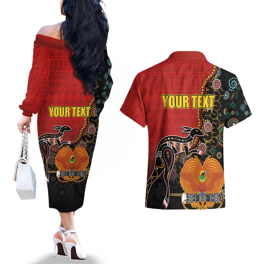 Personalised Papua New Guinea and Australia Together Couples Matching Off The Shoulder Long Sleeve Dress and Hawaiian Shirt Bird-of-paradise and Kangaroo with Aboriginal Pattern