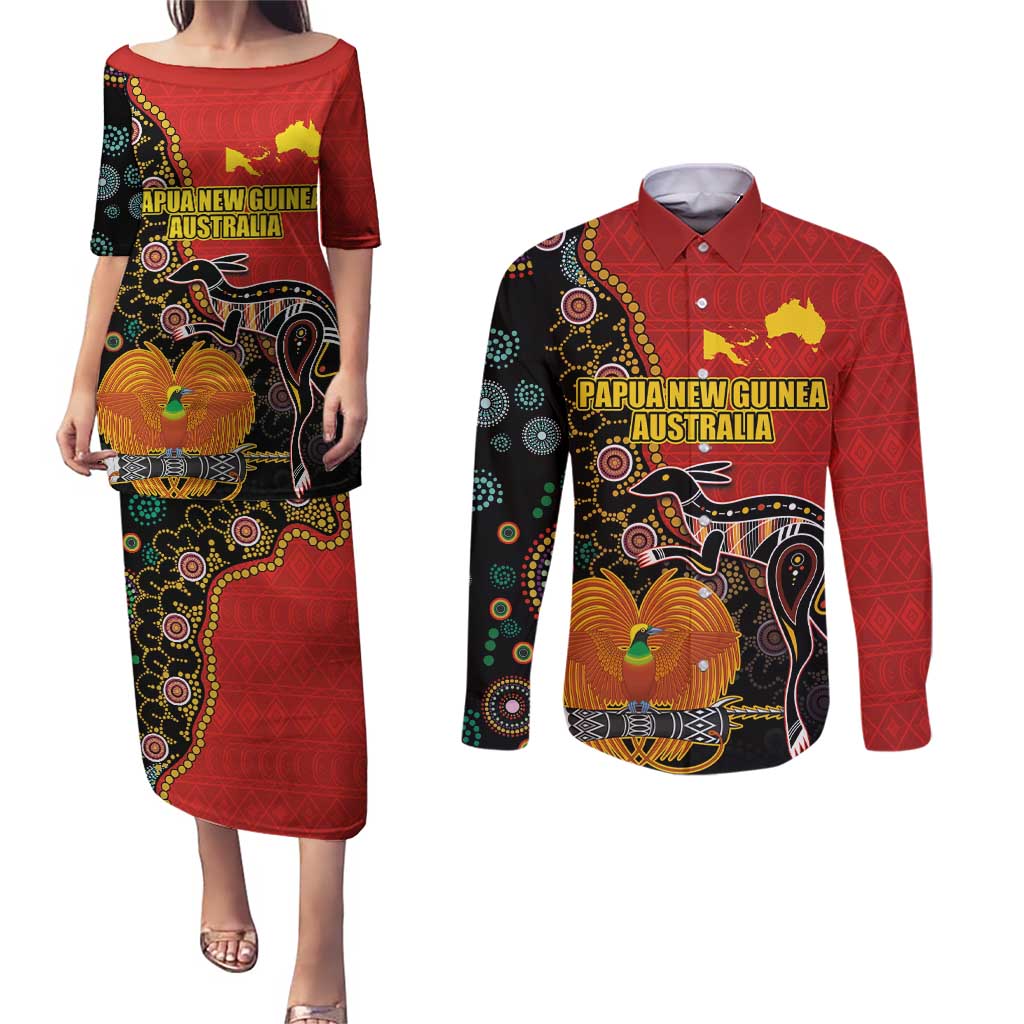 Personalised Papua New Guinea and Australia Together Couples Matching Puletasi and Long Sleeve Button Shirt Bird-of-paradise and Kangaroo with Aboriginal Pattern LT03 Red - Polynesian Pride