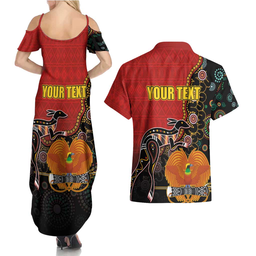 Personalised Papua New Guinea and Australia Together Couples Matching Summer Maxi Dress and Hawaiian Shirt Bird-of-paradise and Kangaroo with Aboriginal Pattern