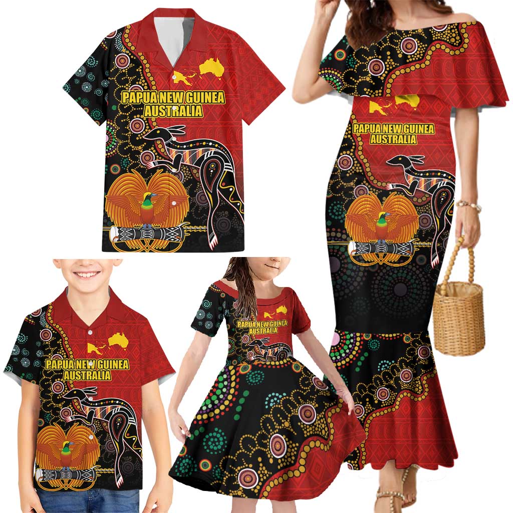 Personalised Papua New Guinea and Australia Together Family Matching Mermaid Dress and Hawaiian Shirt Bird-of-paradise and Kangaroo with Aboriginal Pattern LT03 - Polynesian Pride