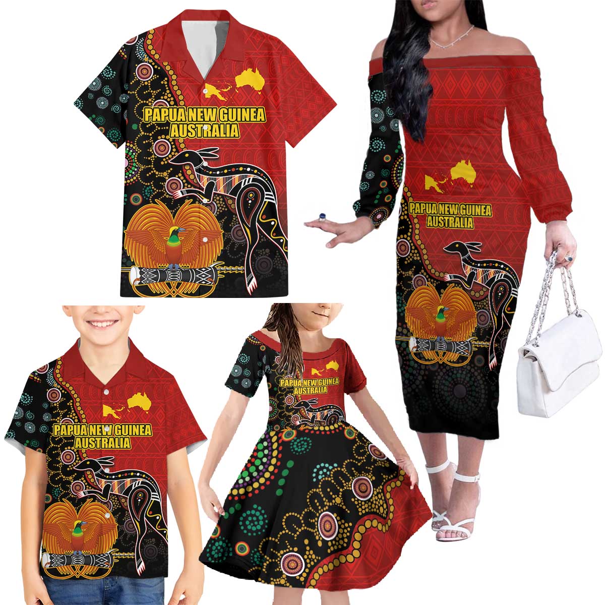 Personalised Papua New Guinea and Australia Together Family Matching Off The Shoulder Long Sleeve Dress and Hawaiian Shirt Bird-of-paradise and Kangaroo with Aboriginal Pattern LT03 - Polynesian Pride