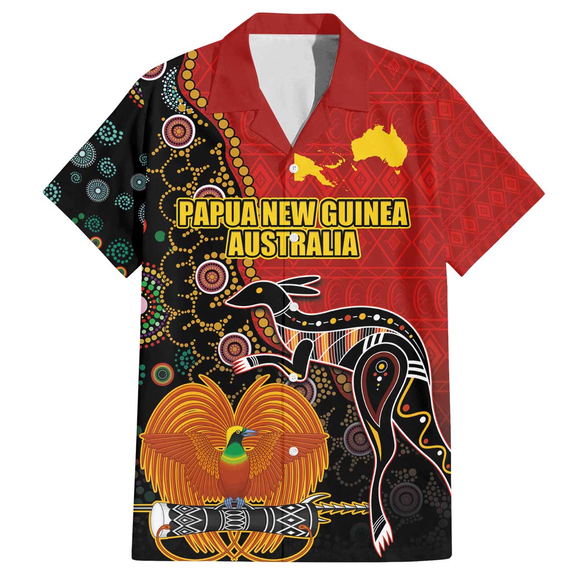 Personalised Papua New Guinea and Australia Together Family Matching Off Shoulder Short Dress and Hawaiian Shirt Bird-of-paradise and Kangaroo with Aboriginal Pattern LT03 Dad's Shirt - Short Sleeve Red - Polynesian Pride