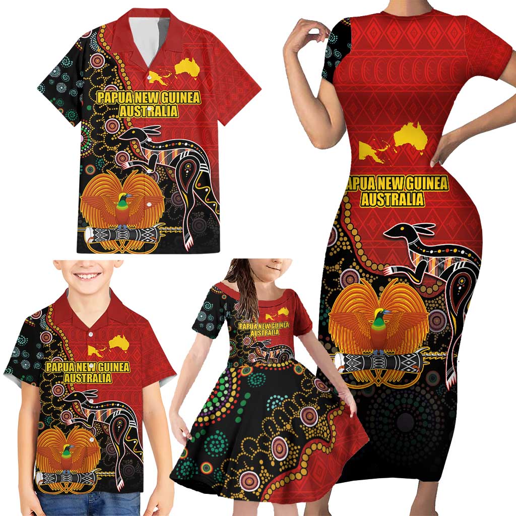 Personalised Papua New Guinea and Australia Together Family Matching Short Sleeve Bodycon Dress and Hawaiian Shirt Bird-of-paradise and Kangaroo with Aboriginal Pattern LT03 - Polynesian Pride