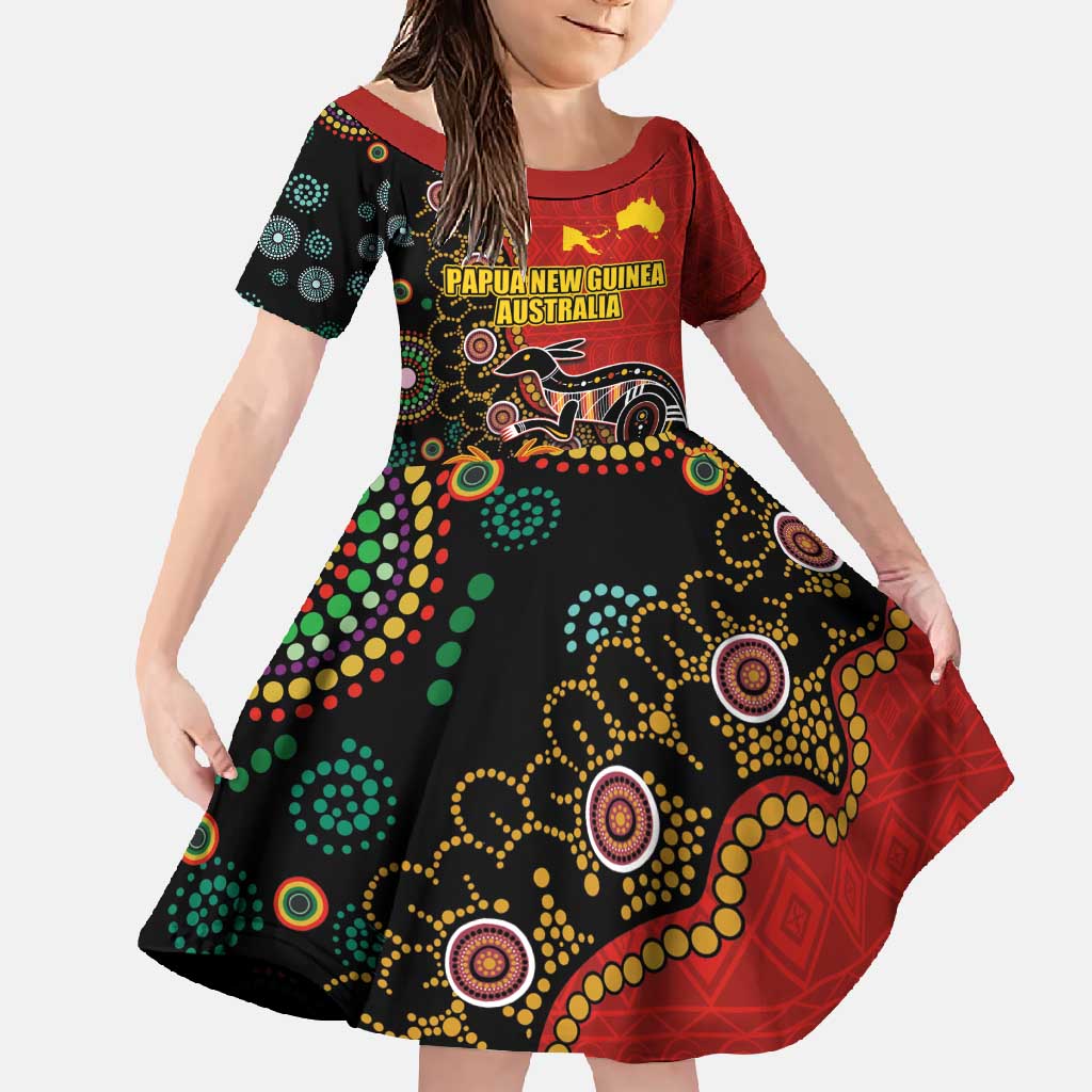 Personalised Papua New Guinea and Australia Together Family Matching Summer Maxi Dress and Hawaiian Shirt Bird-of-paradise and Kangaroo with Aboriginal Pattern