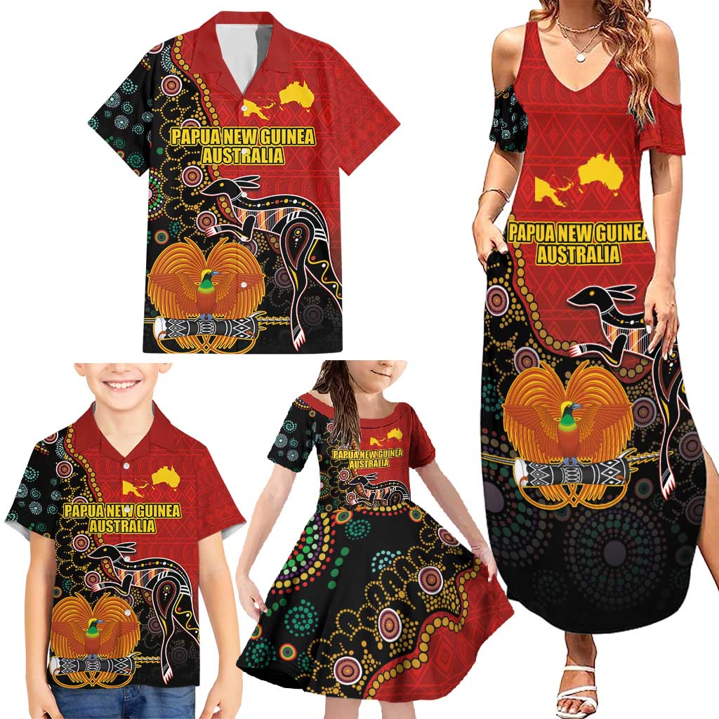 Personalised Papua New Guinea and Australia Together Family Matching Summer Maxi Dress and Hawaiian Shirt Bird-of-paradise and Kangaroo with Aboriginal Pattern