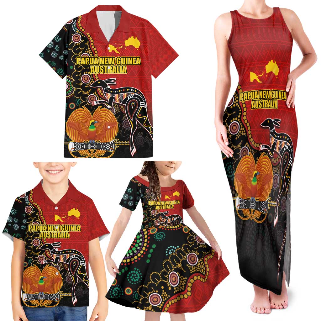 Personalised Papua New Guinea and Australia Together Family Matching Tank Maxi Dress and Hawaiian Shirt Bird-of-paradise and Kangaroo with Aboriginal Pattern LT03 - Polynesian Pride