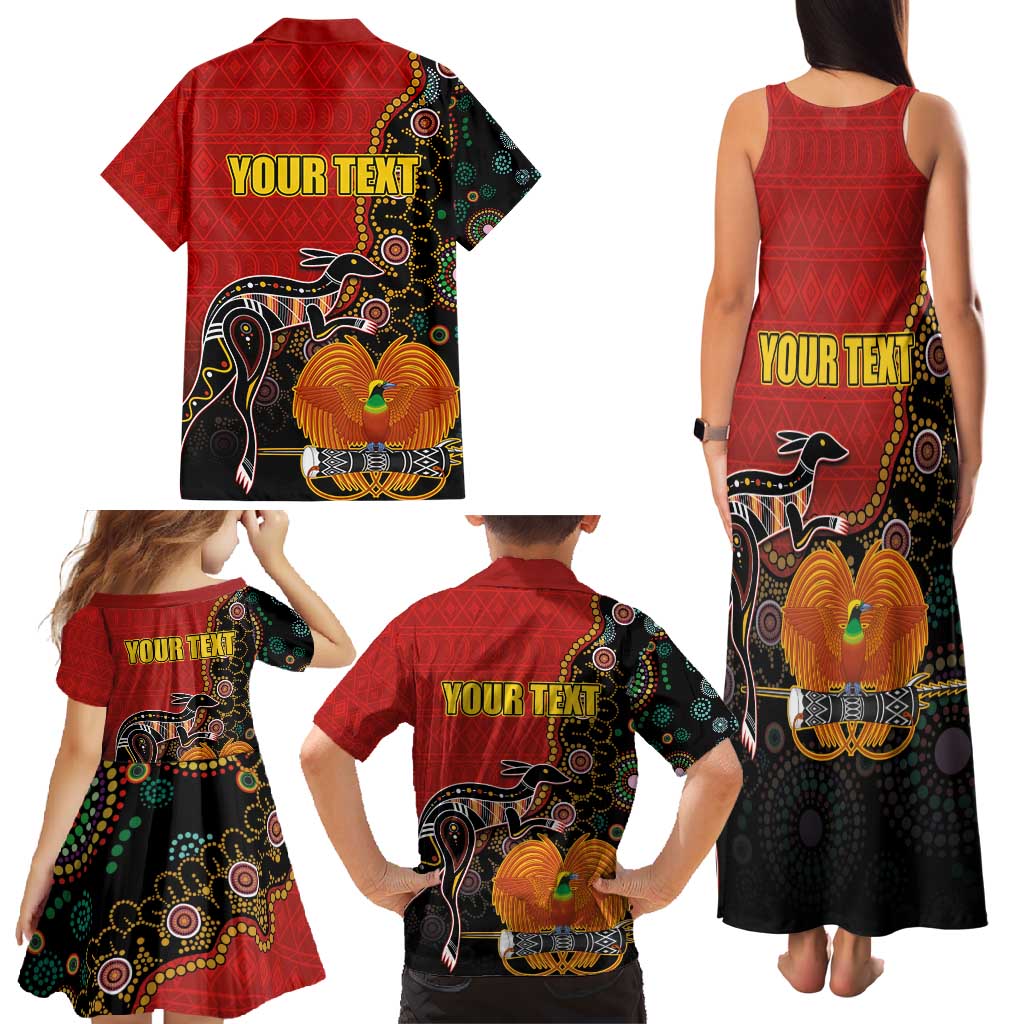 Personalised Papua New Guinea and Australia Together Family Matching Tank Maxi Dress and Hawaiian Shirt Bird-of-paradise and Kangaroo with Aboriginal Pattern