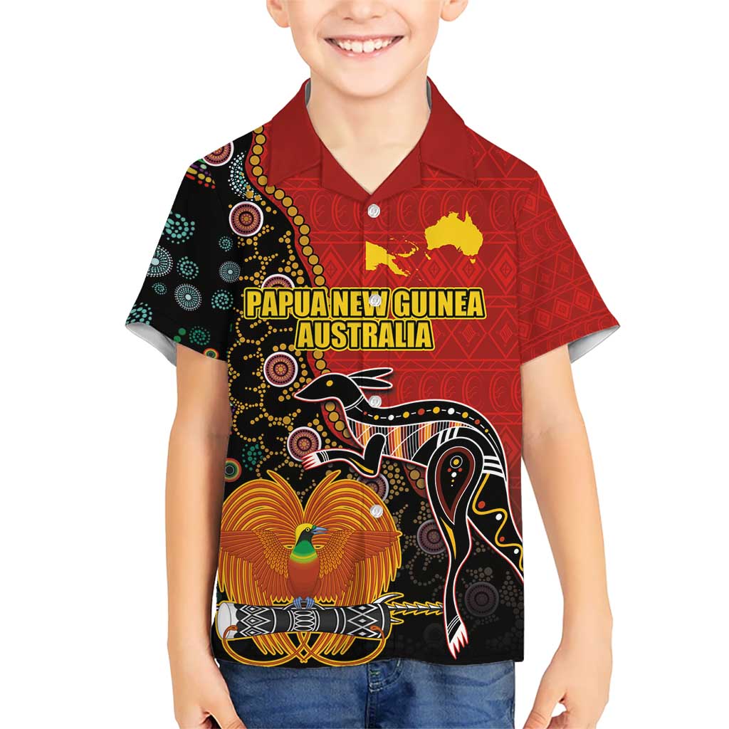 Personalised Papua New Guinea and Australia Together Kid Hawaiian Shirt Bird-of-paradise and Kangaroo with Aboriginal Pattern