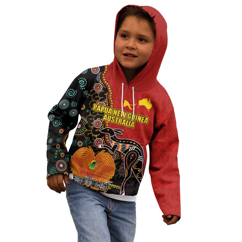 Personalised Papua New Guinea and Australia Together Kid Hoodie Bird-of-paradise and Kangaroo with Aboriginal Pattern