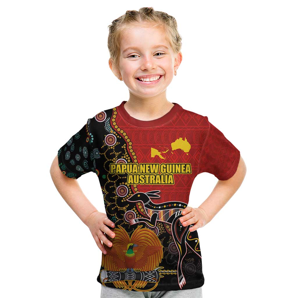 Personalised Papua New Guinea and Australia Together Kid T Shirt Bird-of-paradise and Kangaroo with Aboriginal Pattern