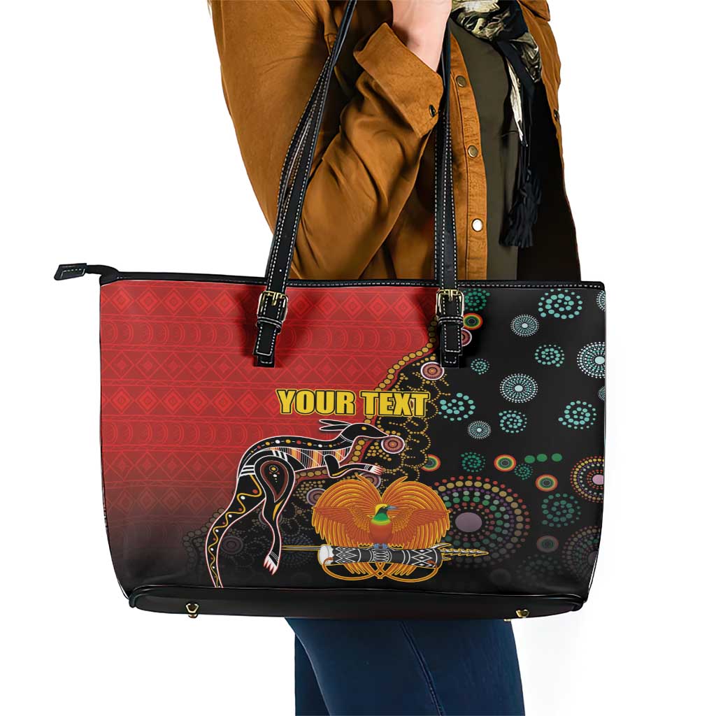 Personalised Papua New Guinea and Australia Together Leather Tote Bag Bird-of-paradise and Kangaroo with Aboriginal Pattern