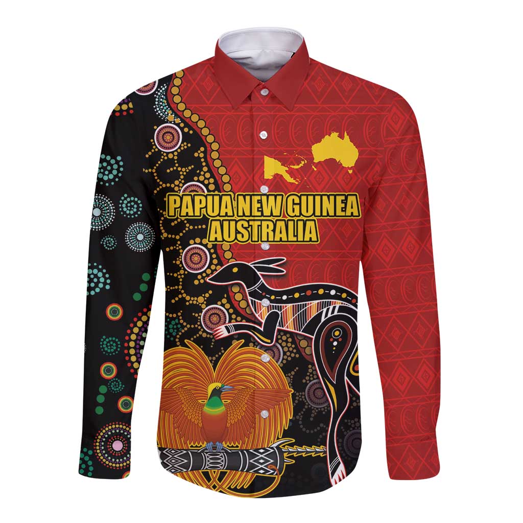 Personalised Papua New Guinea and Australia Together Long Sleeve Button Shirt Bird-of-paradise and Kangaroo with Aboriginal Pattern