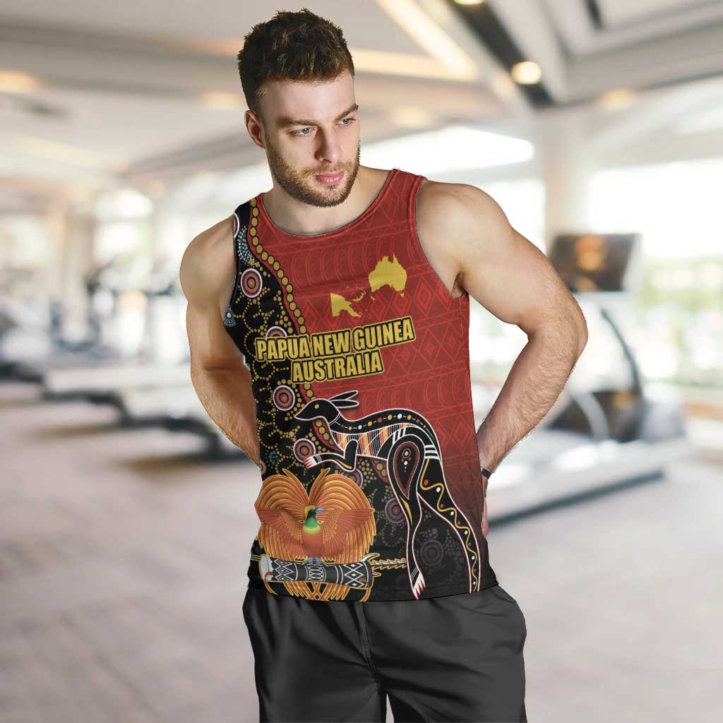 Personalised Papua New Guinea and Australia Together Men Tank Top Bird-of-paradise and Kangaroo with Aboriginal Pattern LT03 Red - Polynesian Pride