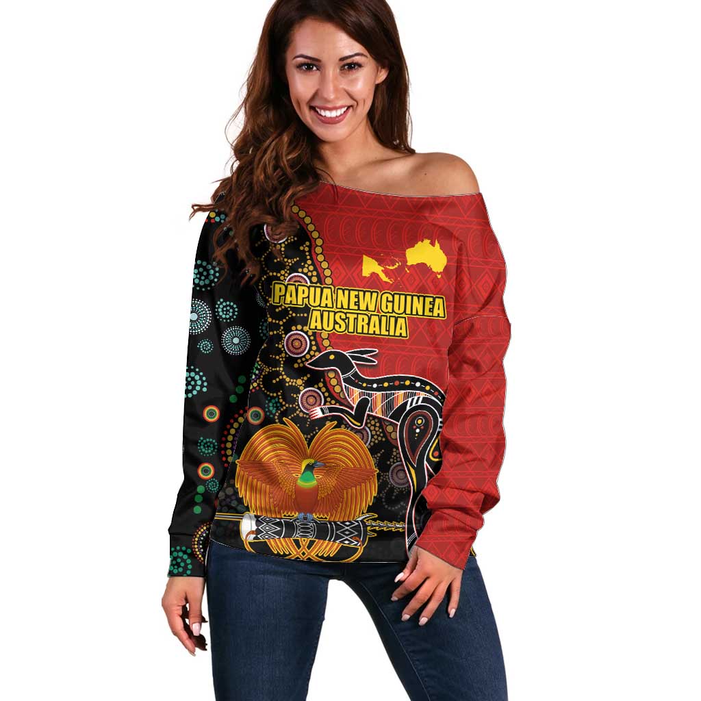 Personalised Papua New Guinea and Australia Together Off Shoulder Sweater Bird-of-paradise and Kangaroo with Aboriginal Pattern