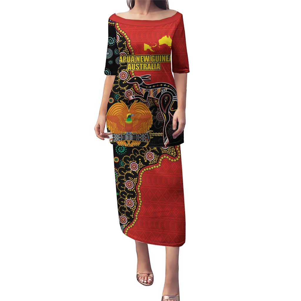 Personalised Papua New Guinea and Australia Together Puletasi Bird-of-paradise and Kangaroo with Aboriginal Pattern LT03 Long Dress Red - Polynesian Pride