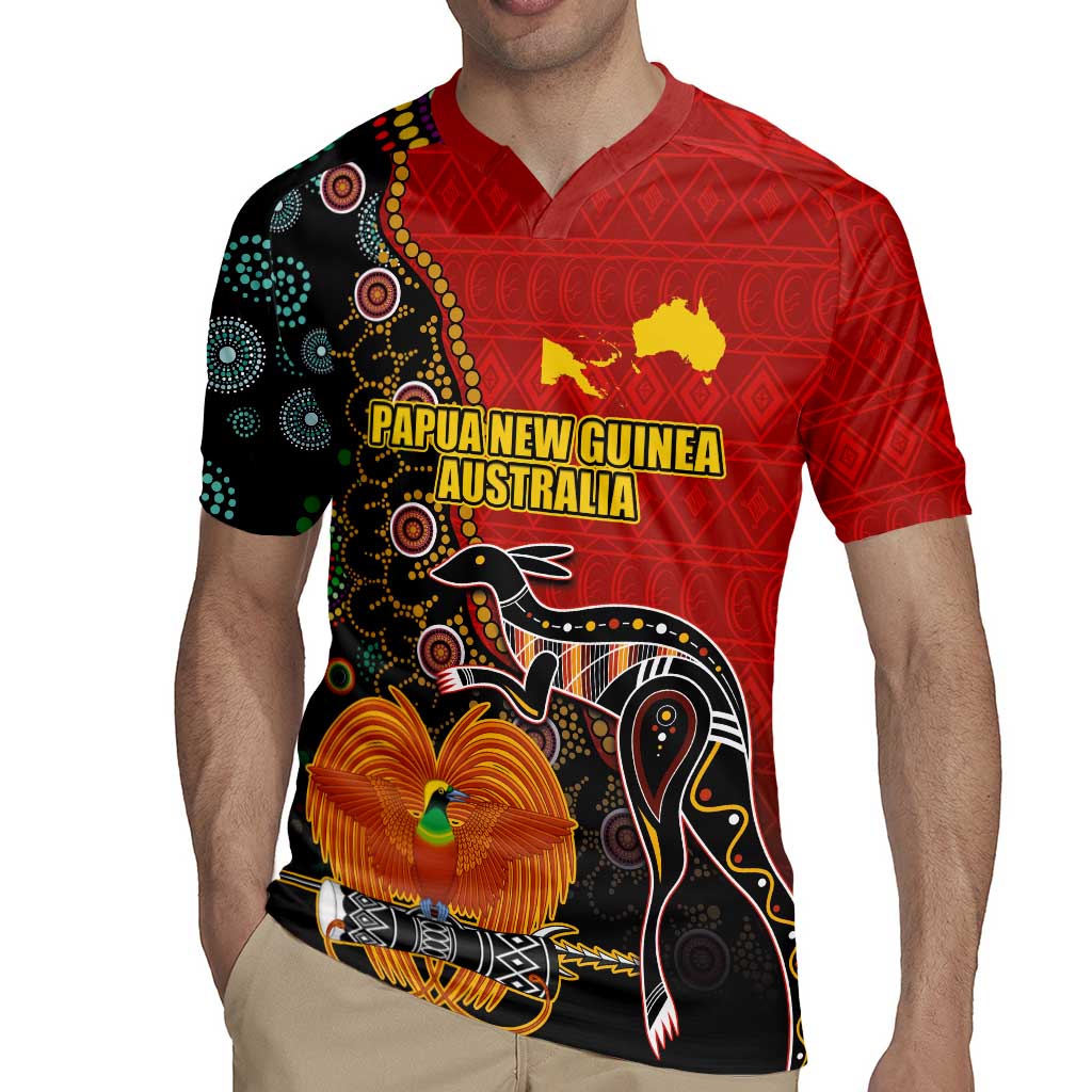 Personalised Papua New Guinea and Australia Together Rugby Jersey Bird-of-paradise and Kangaroo with Aboriginal Pattern