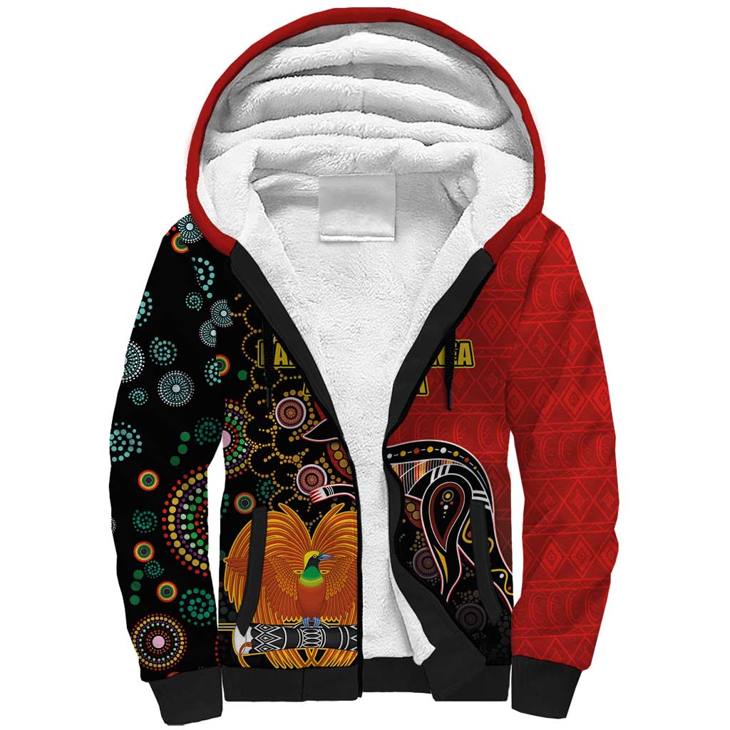 Personalised Papua New Guinea and Australia Together Sherpa Hoodie Bird-of-paradise and Kangaroo with Aboriginal Pattern LT03 Unisex Red - Polynesian Pride