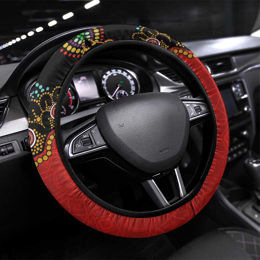Papua New Guinea and Australia Together Steering Wheel Cover Bird-of-paradise and Kangaroo with Aboriginal Pattern LT03 Universal Fit Red - Polynesian Pride