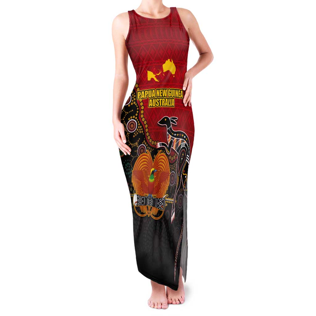 Personalised Papua New Guinea and Australia Together Tank Maxi Dress Bird-of-paradise and Kangaroo with Aboriginal Pattern