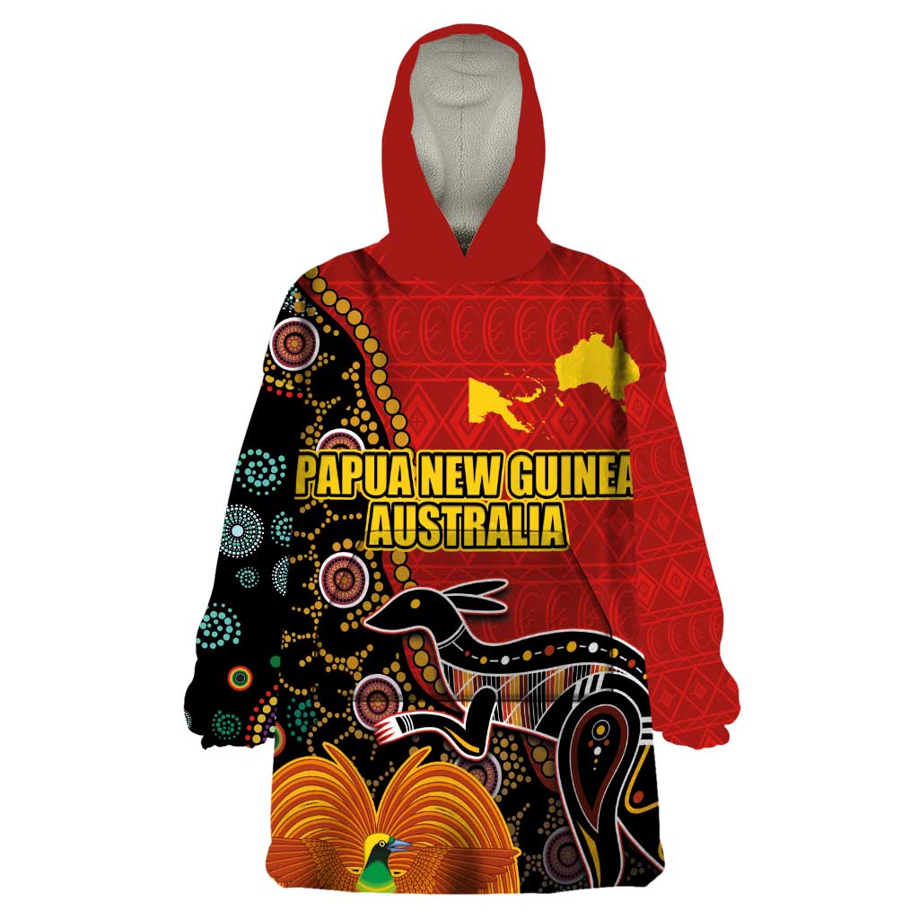 Personalised Papua New Guinea and Australia Together Wearable Blanket Hoodie Bird-of-paradise and Kangaroo with Aboriginal Pattern LT03 One Size Red - Polynesian Pride