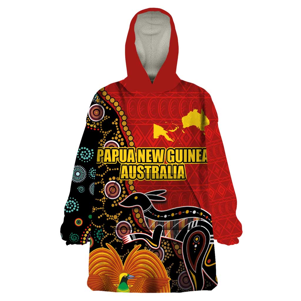 Personalised Papua New Guinea and Australia Together Wearable Blanket Hoodie Bird-of-paradise and Kangaroo with Aboriginal Pattern