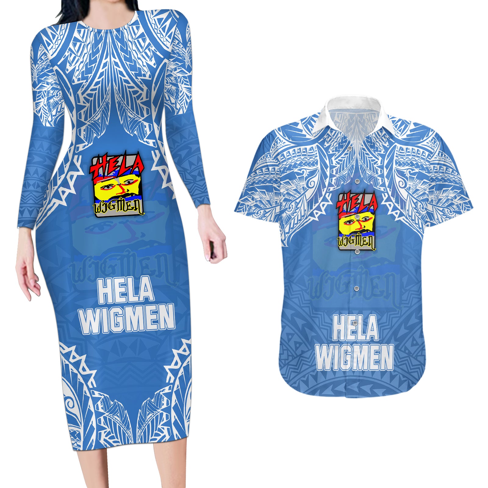 Hela Wigmen Rugby Couples Matching Long Sleeve Bodycon Dress and Hawaiian Shirt Papua New Guinea Polynesian Tattoo LT03 Blue - Polynesian Pride