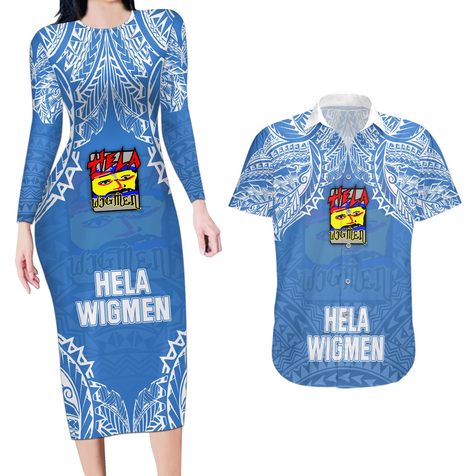 Hela Wigmen Rugby Couples Matching Long Sleeve Bodycon Dress and Hawaiian Shirt Papua New Guinea Polynesian Tattoo LT03 Blue - Polynesian Pride