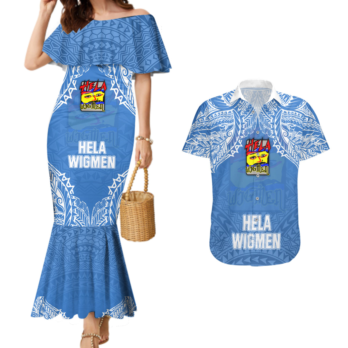 Hela Wigmen Rugby Couples Matching Mermaid Dress and Hawaiian Shirt Papua New Guinea Polynesian Tattoo LT03 Blue - Polynesian Pride