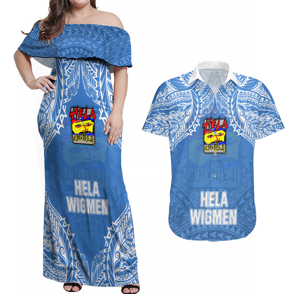 Hela Wigmen Rugby Couples Matching Off Shoulder Maxi Dress and Hawaiian Shirt Papua New Guinea Polynesian Tattoo LT03 Blue - Polynesian Pride