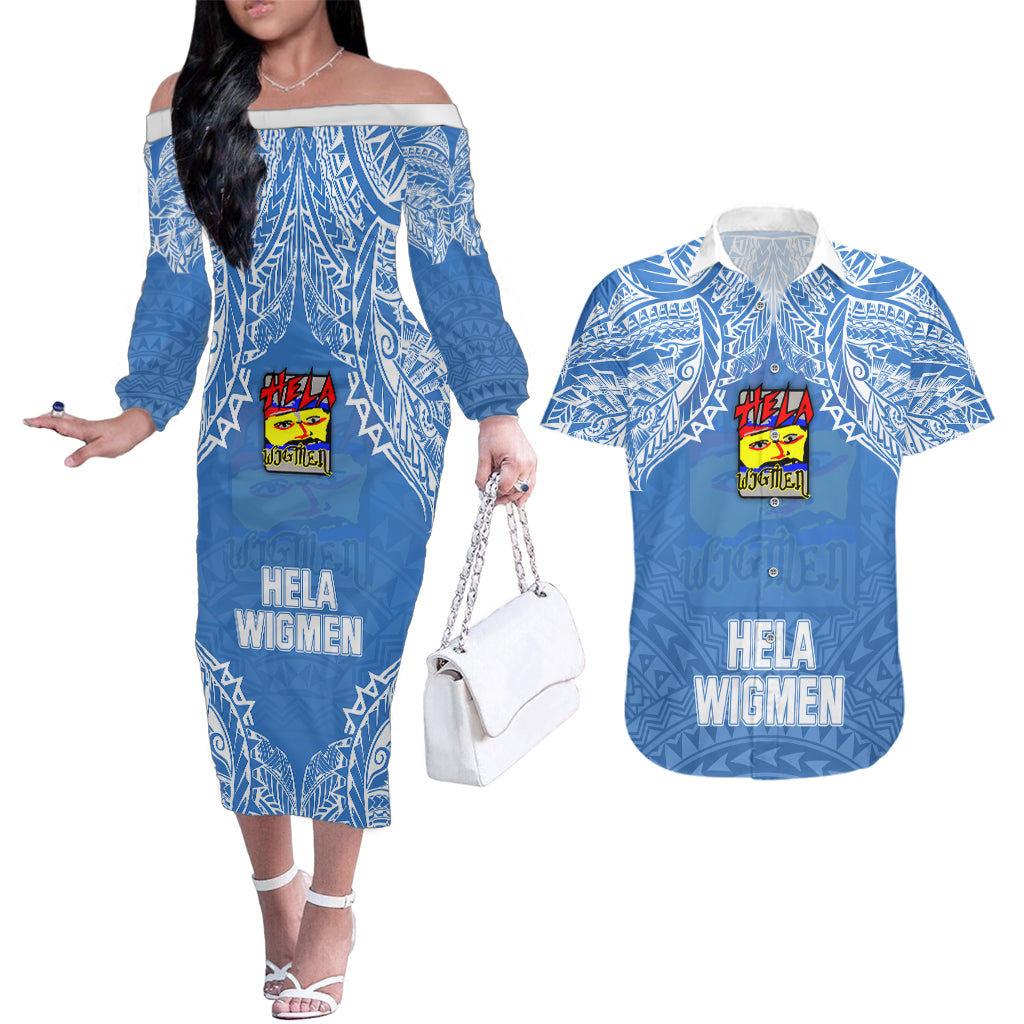 Hela Wigmen Rugby Couples Matching Off The Shoulder Long Sleeve Dress and Hawaiian Shirt Papua New Guinea Polynesian Tattoo LT03 Blue - Polynesian Pride