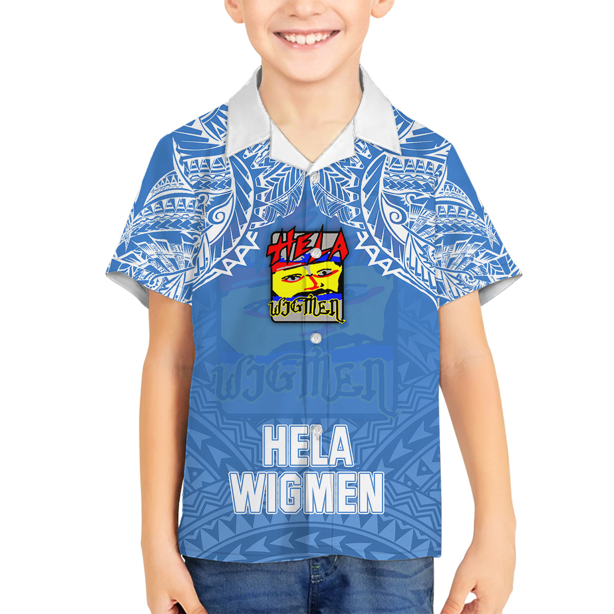 Custom Hela Wigmen Rugby Family Matching Short Sleeve Bodycon Dress and Hawaiian Shirt Papua New Guinea Polynesian Tattoo LT03 Son's Shirt Blue - Polynesian Pride