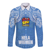 Custom Hela Wigmen Rugby Long Sleeve Button Shirt Papua New Guinea Polynesian Tattoo LT03 Unisex Blue - Polynesian Pride