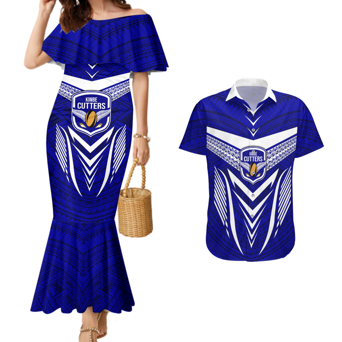 Kimbe Cutters Rugby Couples Matching Mermaid Dress and Hawaiian Shirt Papua New Guinea Polynesian Tattoo Blue Version LT03 Blue - Polynesian Pride