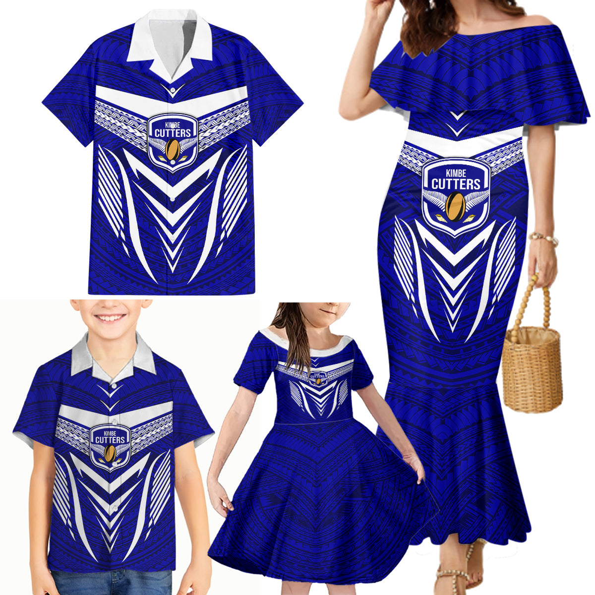 Kimbe Cutters Rugby Family Matching Mermaid Dress and Hawaiian Shirt Papua New Guinea Polynesian Tattoo Blue Version LT03 - Polynesian Pride