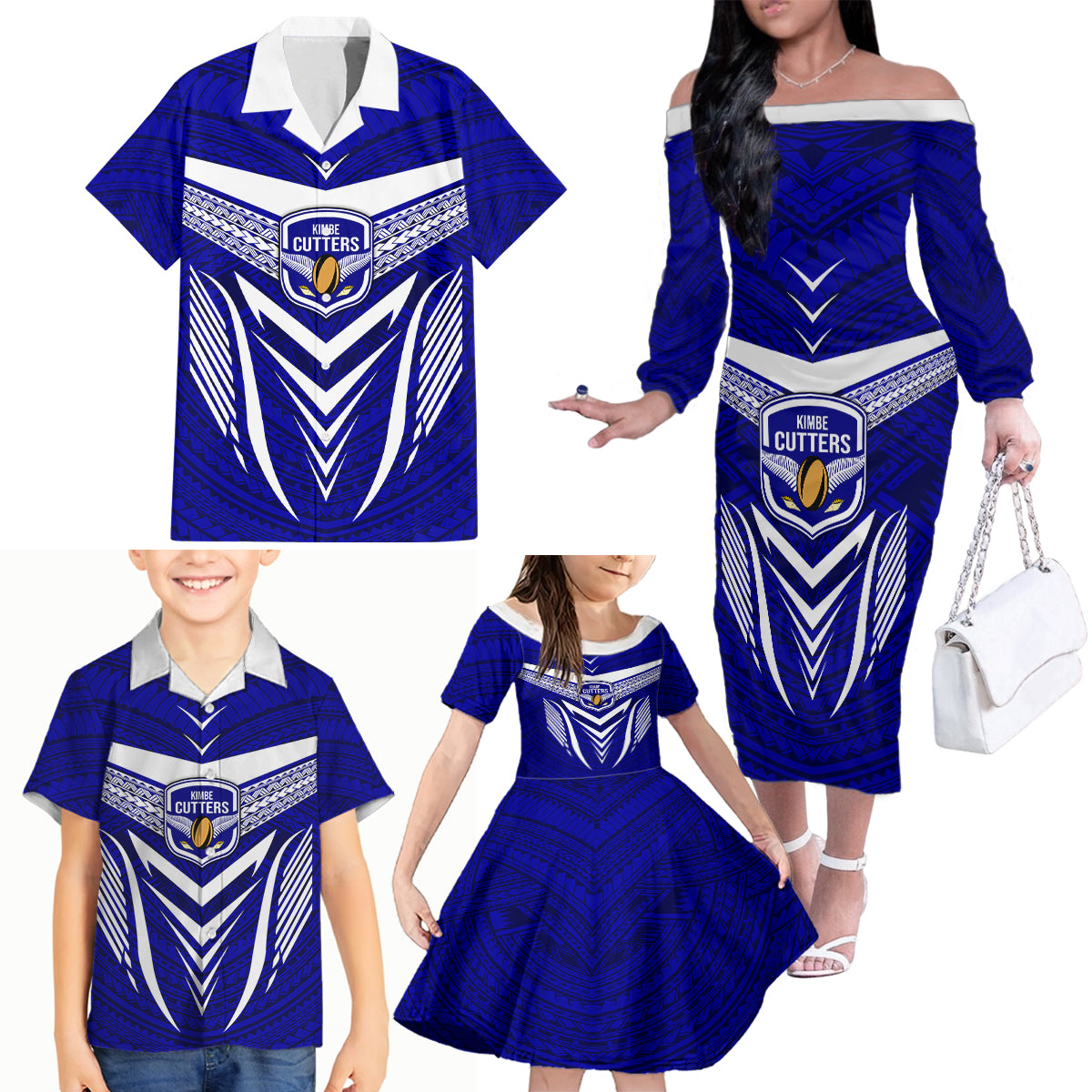 Kimbe Cutters Rugby Family Matching Off Shoulder Long Sleeve Dress and Hawaiian Shirt Papua New Guinea Polynesian Tattoo Blue Version LT03 - Polynesian Pride
