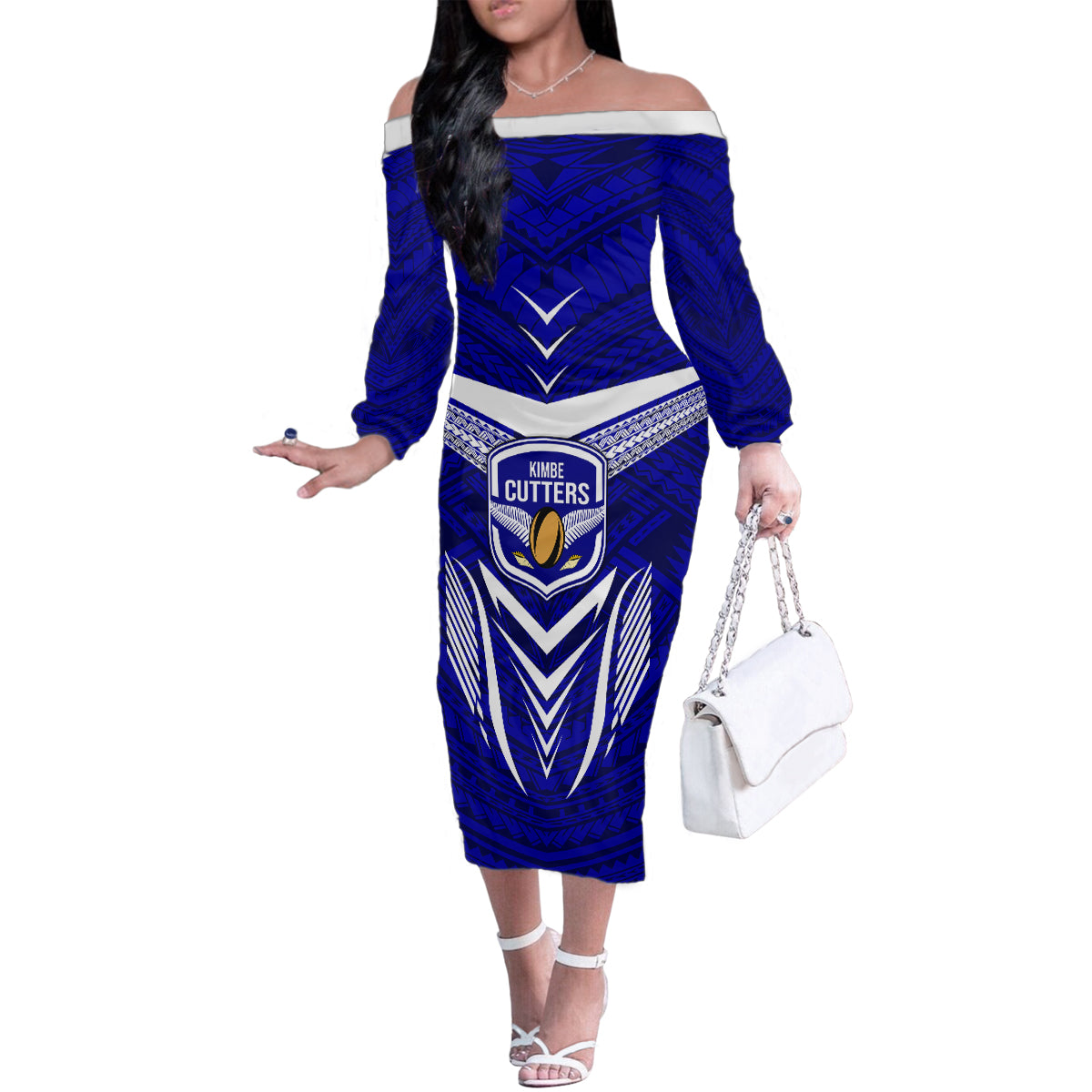 Kimbe Cutters Rugby Family Matching Off Shoulder Long Sleeve Dress and Hawaiian Shirt Papua New Guinea Polynesian Tattoo Blue Version LT03 Mom's Dress Blue - Polynesian Pride