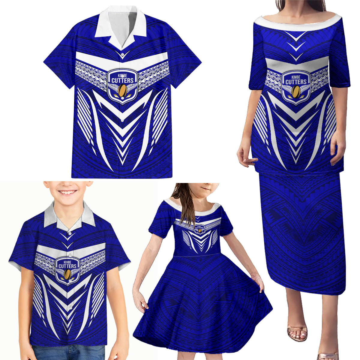 Kimbe Cutters Rugby Family Matching Puletasi Dress and Hawaiian Shirt Papua New Guinea Polynesian Tattoo Blue Version LT03 - Polynesian Pride