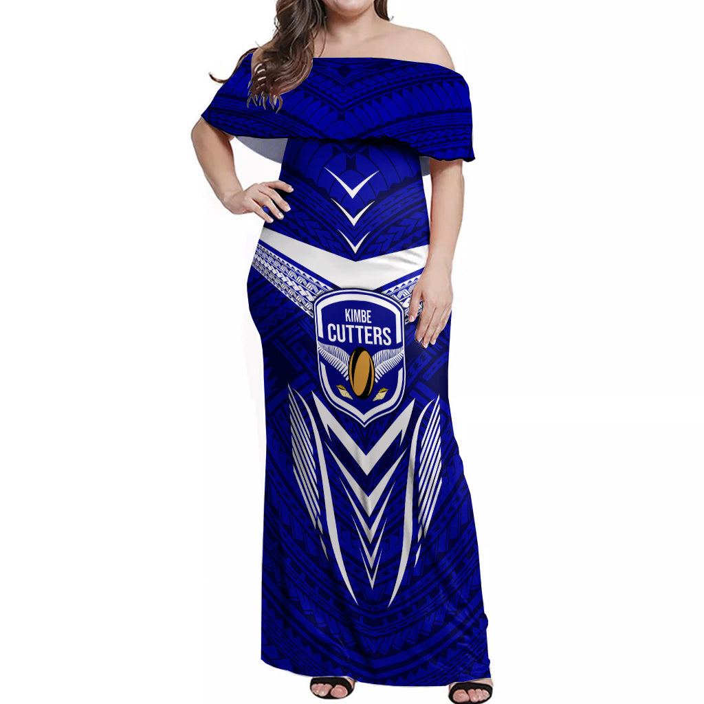 Kimbe Cutters Rugby Off Shoulder Maxi Dress Papua New Guinea Polynesian Tattoo Blue Version LT03 Women Blue - Polynesian Pride