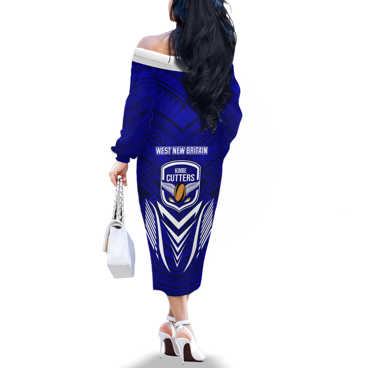 Kimbe Cutters Rugby Off The Shoulder Long Sleeve Dress Papua New Guinea Polynesian Tattoo Blue Version LT03 - Polynesian Pride
