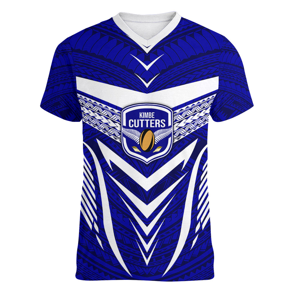 Kimbe Cutters Rugby Women V Neck T Shirt Papua New Guinea Polynesian Tattoo Blue Version LT03 Female Blue - Polynesian Pride