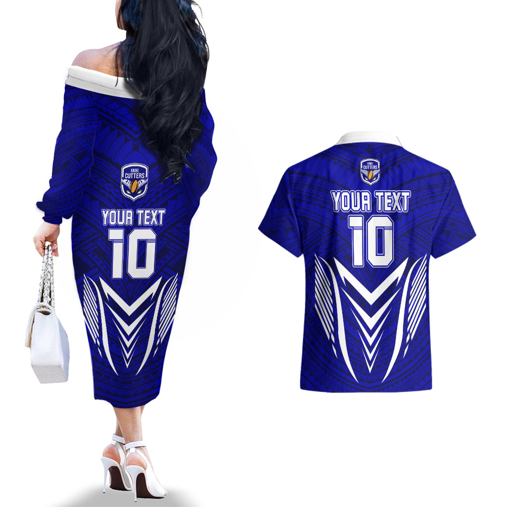 Custom Kimbe Cutters Rugby Couples Matching Off The Shoulder Long Sleeve Dress and Hawaiian Shirt Papua New Guinea Polynesian Tattoo Blue Version LT03 - Polynesian Pride