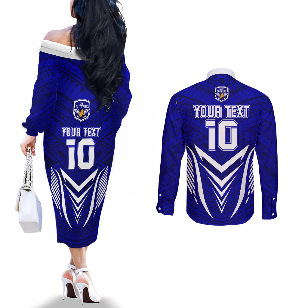 Custom Kimbe Cutters Rugby Couples Matching Off The Shoulder Long Sleeve Dress and Long Sleeve Button Shirts Papua New Guinea Polynesian Tattoo Blue Version LT03 - Polynesian Pride