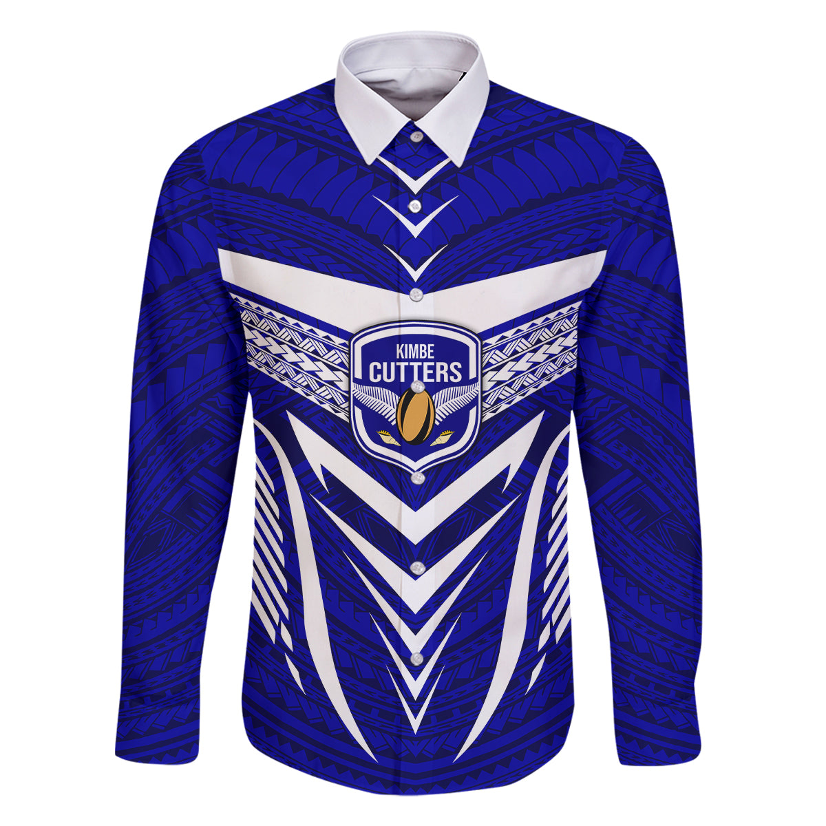 Custom Kimbe Cutters Rugby Family Matching Long Sleeve Bodycon Dress and Hawaiian Shirt Papua New Guinea Polynesian Tattoo Blue Version LT03 Dad's Shirt - Long Sleeve Blue - Polynesian Pride