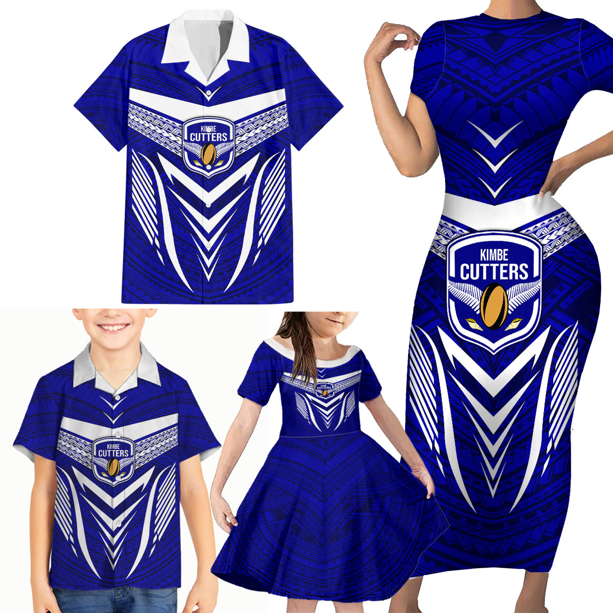 Custom Kimbe Cutters Rugby Family Matching Short Sleeve Bodycon Dress and Hawaiian Shirt Papua New Guinea Polynesian Tattoo Blue Version LT03 - Polynesian Pride