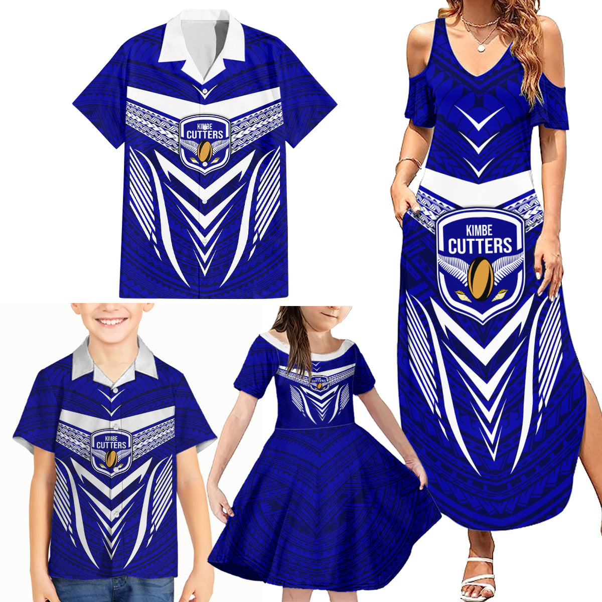 Custom Kimbe Cutters Rugby Family Matching Summer Maxi Dress and Hawaiian Shirt Papua New Guinea Polynesian Tattoo Blue Version LT03 - Polynesian Pride