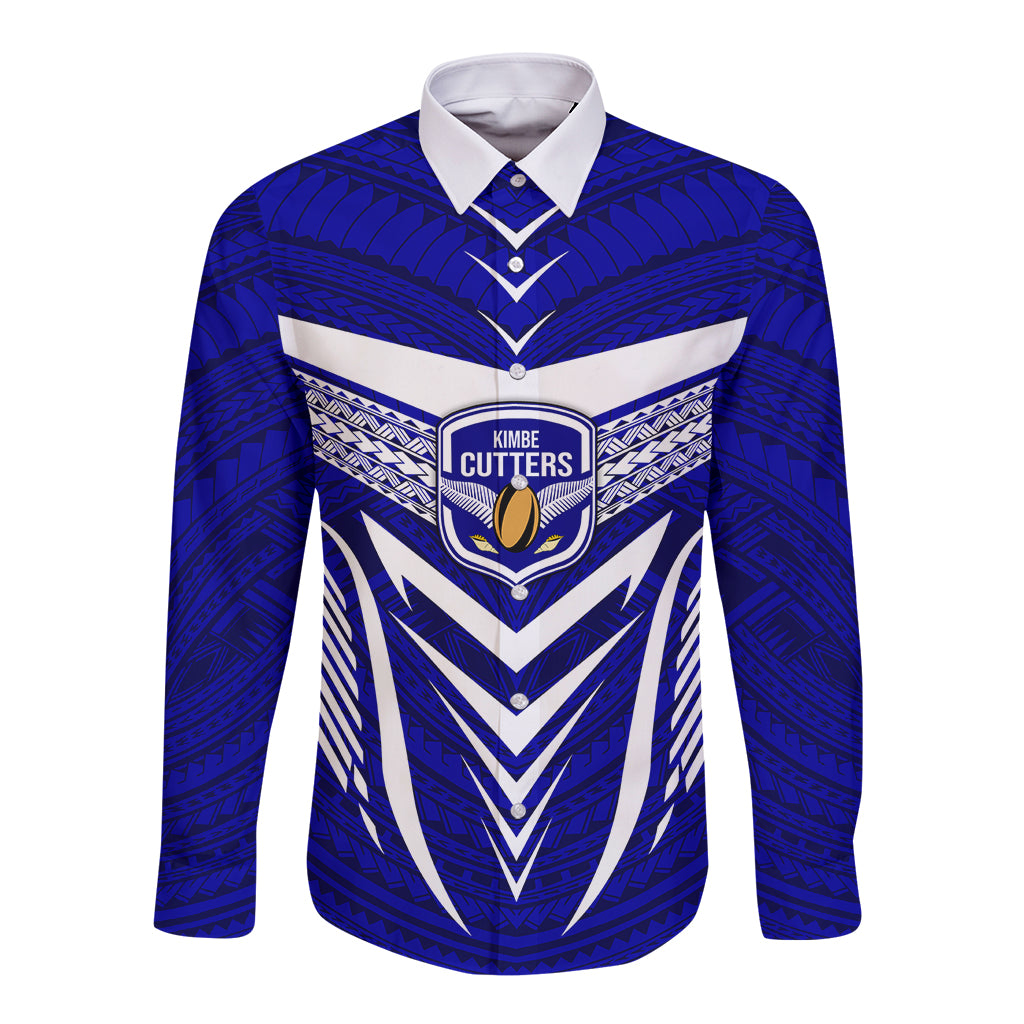 Custom Kimbe Cutters Rugby Long Sleeve Button Shirt Papua New Guinea Polynesian Tattoo Blue Version LT03 Unisex Blue - Polynesian Pride