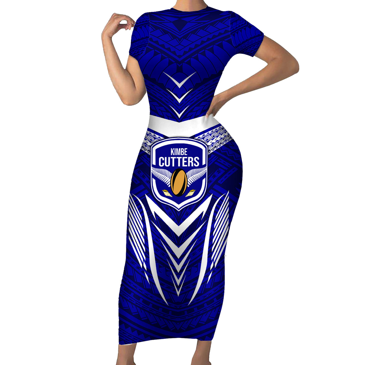 Custom Kimbe Cutters Rugby Short Sleeve Bodycon Dress Papua New Guinea Polynesian Tattoo Blue Version LT03 Long Dress Blue - Polynesian Pride